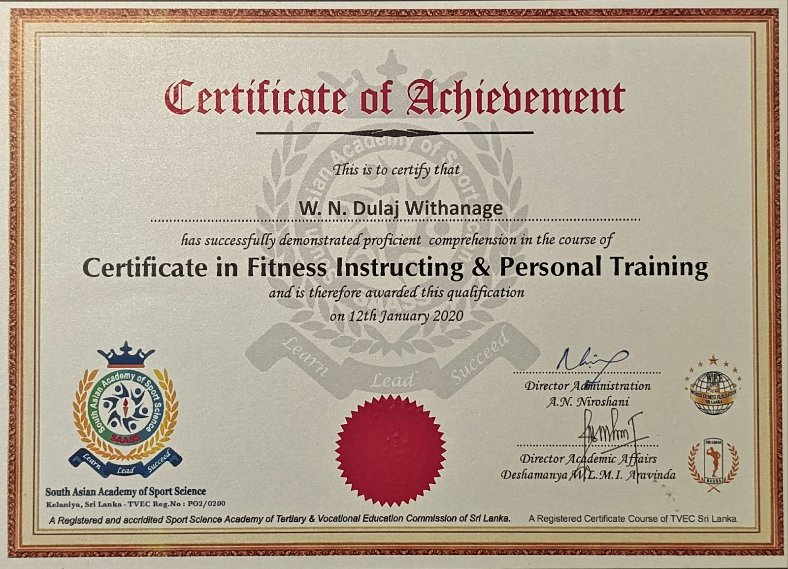Fitness Lovers LK Certificate 9